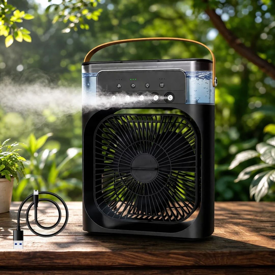 Portable Mini Cooling Fan with Humidifier & LED Light | USB Rechargeable Air Cooler - TheVyora