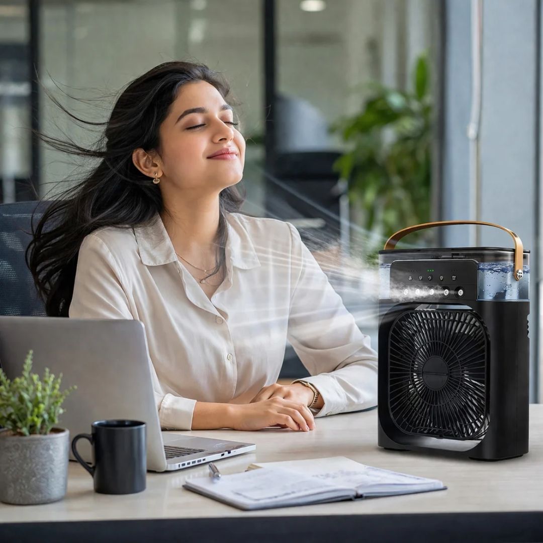 Portable Mini Cooling Fan with Humidifier & LED Light | USB Rechargeable Air Cooler - TheVyora